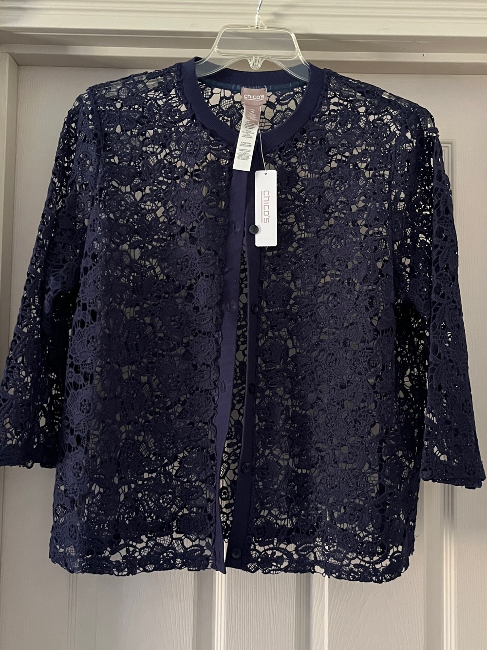 Chico's Navy Crochet Lace button up jacket size 2 (XL)